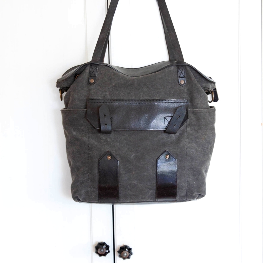 Hayden and Harnett Black Leather, Grey Canvas Tote Bag